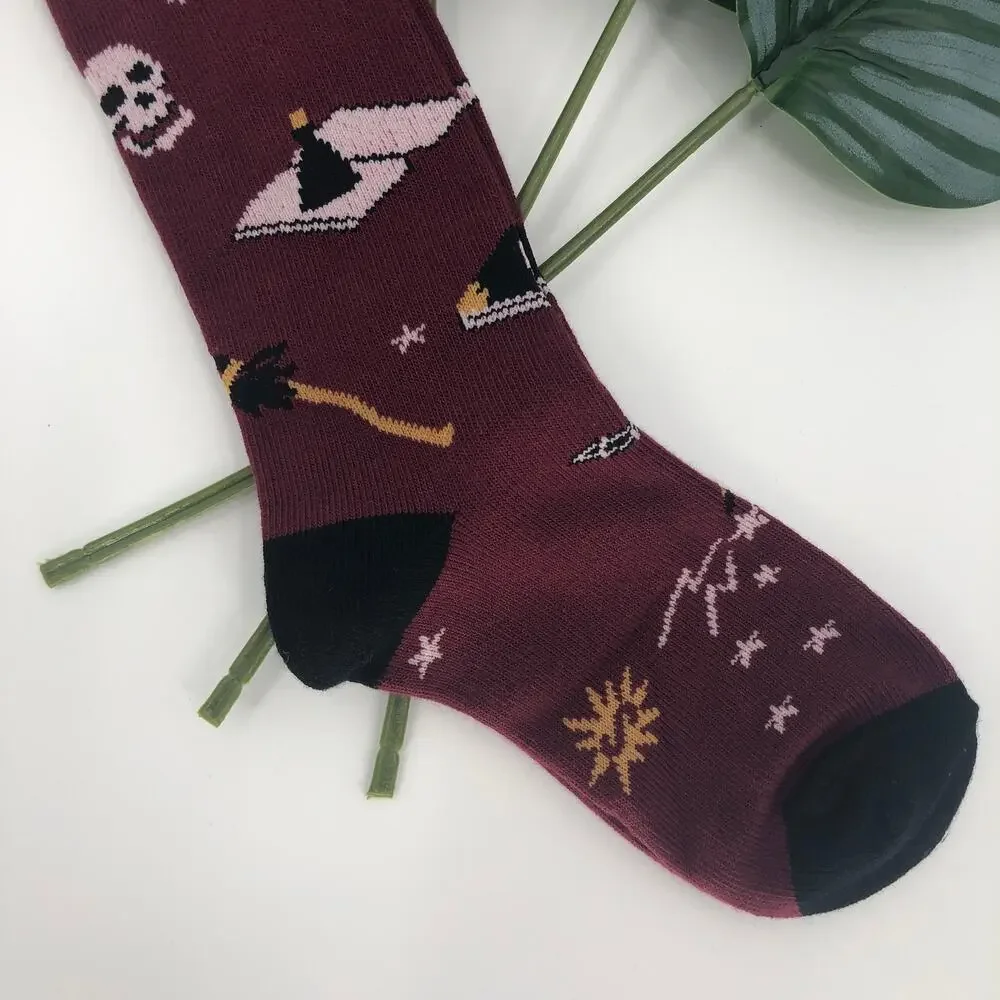 Sock It To Me Maroon Red Black Magic Hat Moon Spell Halloween Kids Knee Socks